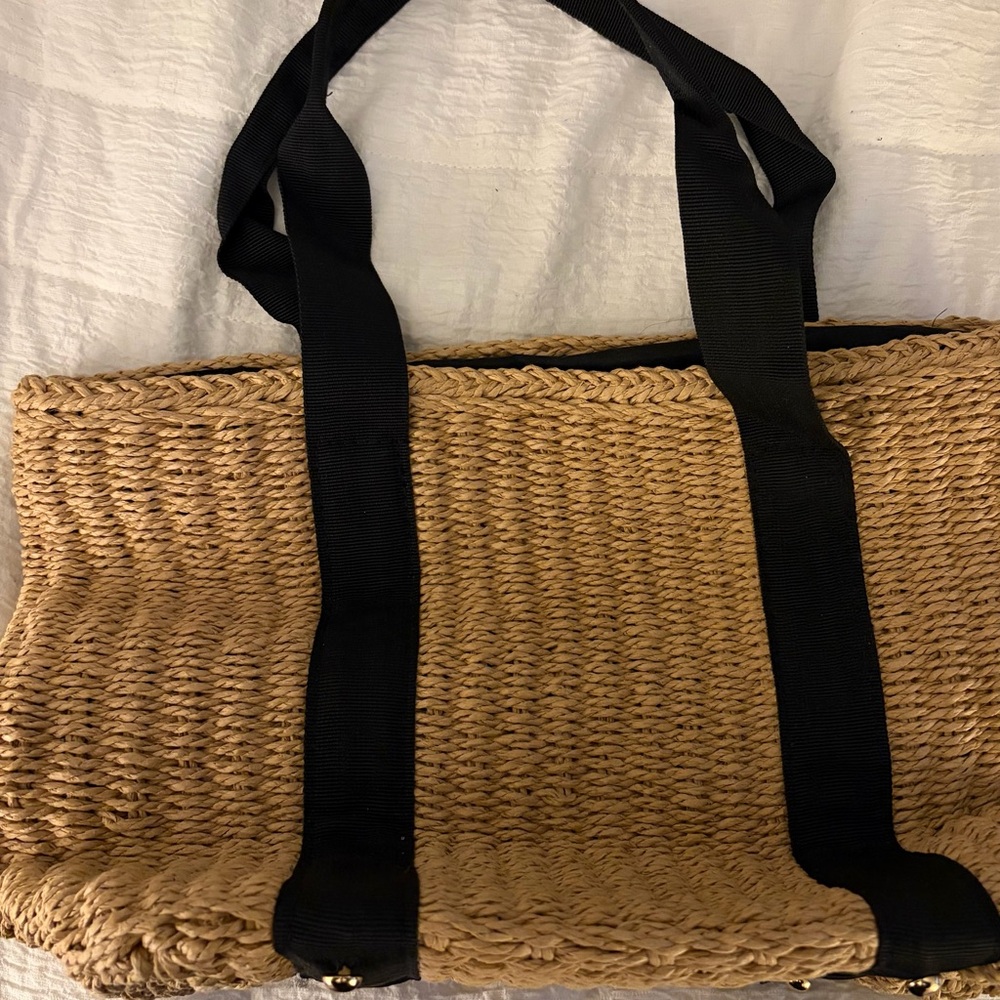 Elegant Tan Woven Tote with Black Handles